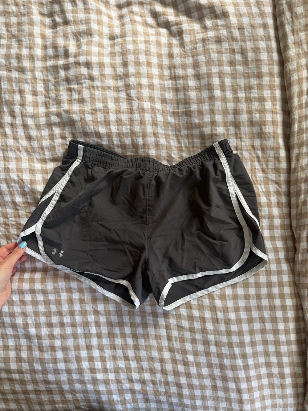 Under Armour Women’s Dark Gray Athletic Running Shorts with White Trim